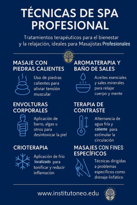 infografia con técnicas de SPA para un masajista terapeutico